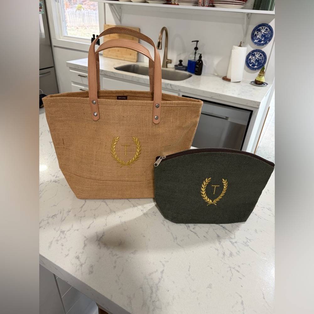 Ballard Designs Tan and Green Jute and Leather Tote Bag Set